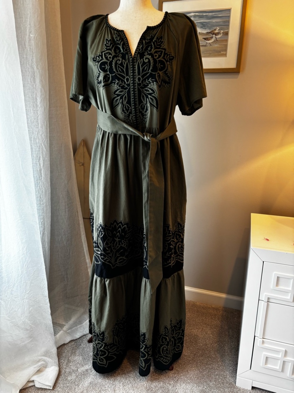 Chico's Olive Maxi Dress with Black Velvet Embroidery